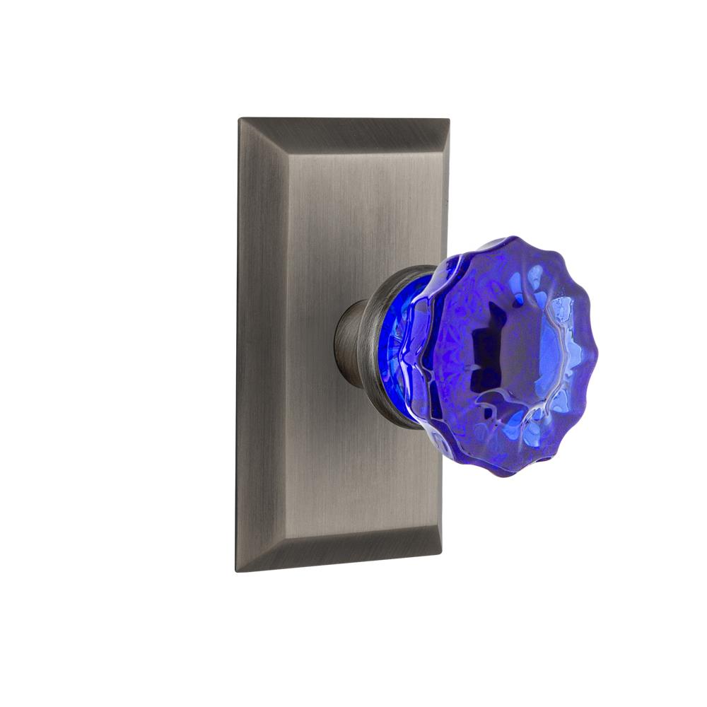 Nostalgic Warehouse STUCRC Colored Crystal Studio Plate Passage Crystal Cobalt Glass Door Knob in Antique Pewter